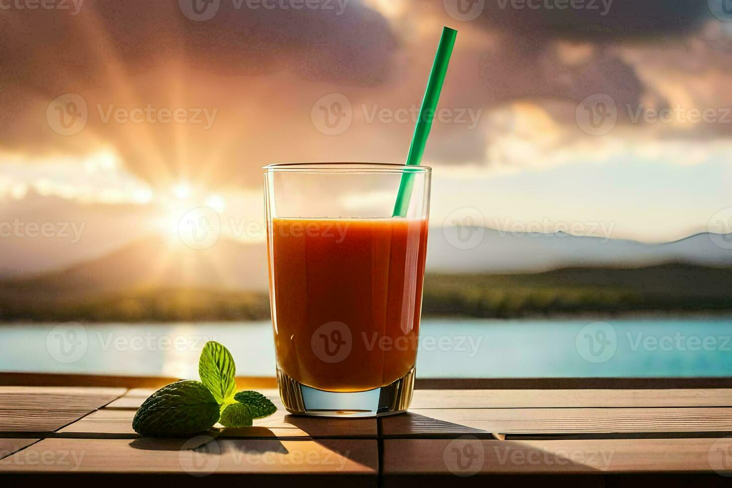 uma vidro do laranja suco com uma Palha em uma de madeira mesa. gerado por IA foto