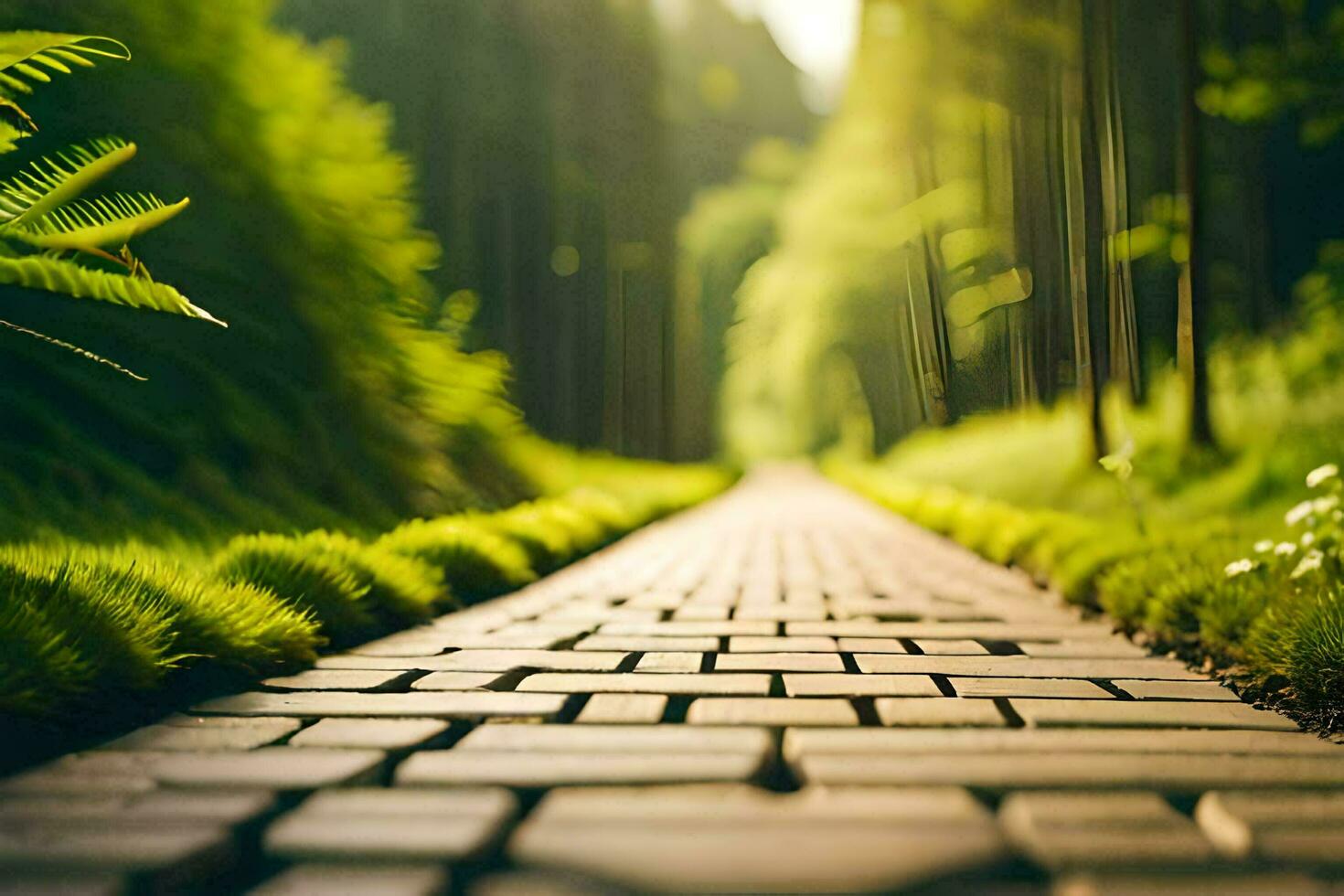 uma tijolo caminho dentro a meio do uma floresta. gerado por IA foto