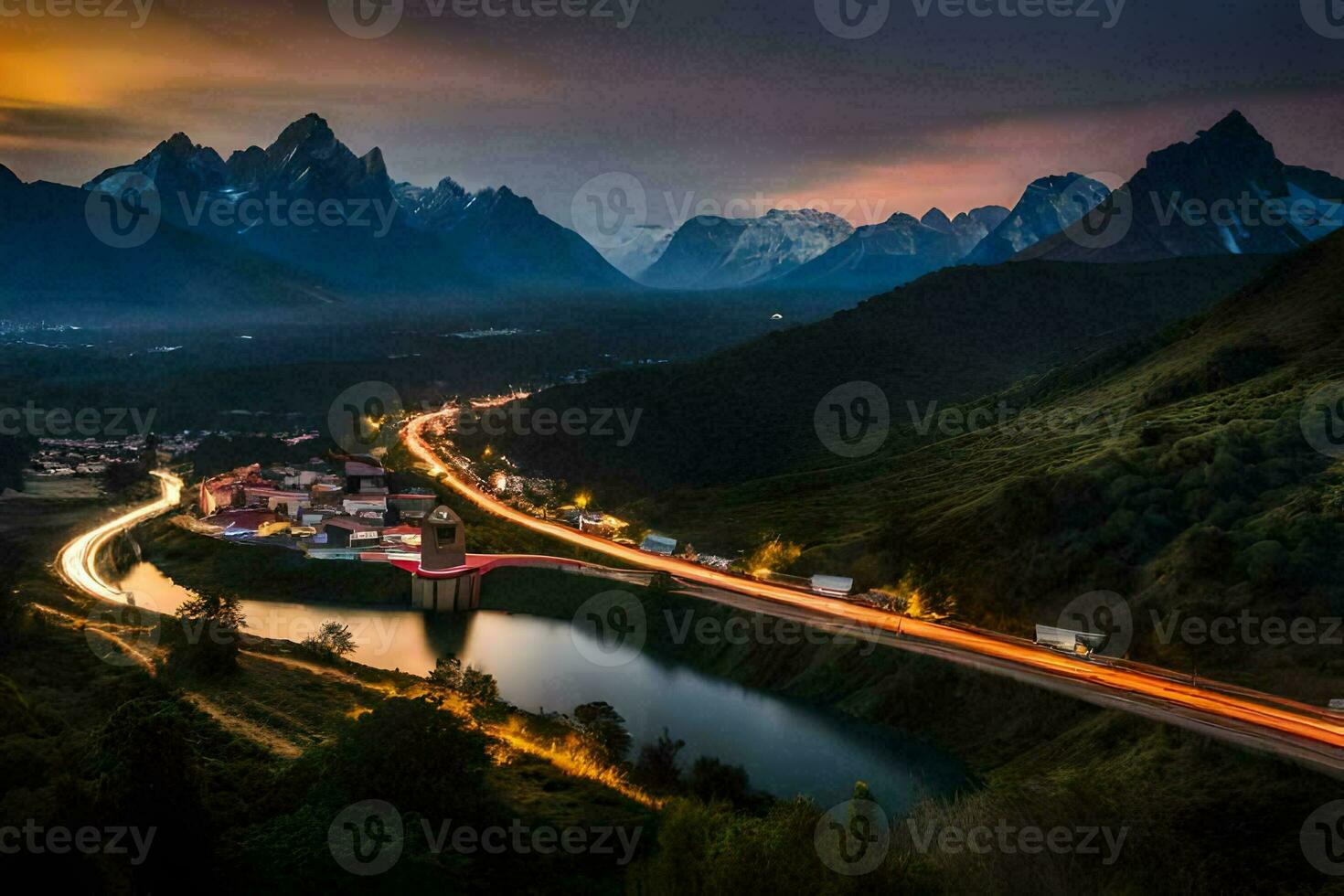 uma ponte sobre uma rio e montanhas às crepúsculo. gerado por IA foto