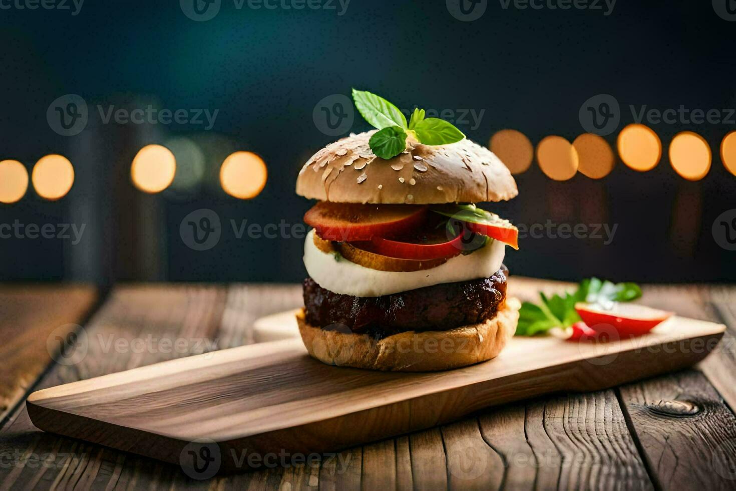 Hamburger em uma de madeira borda com luzes dentro a fundo. gerado por IA foto