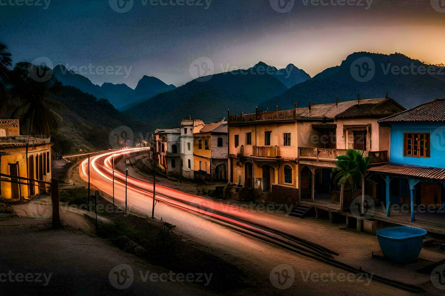 uma Cidade às crepúsculo com uma grandes exposição foto. gerado por IA foto