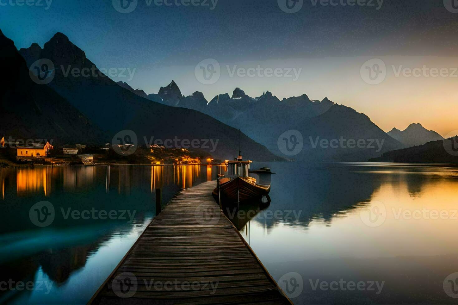 uma de madeira doca conduz para uma montanha lago às pôr do sol. gerado por IA foto