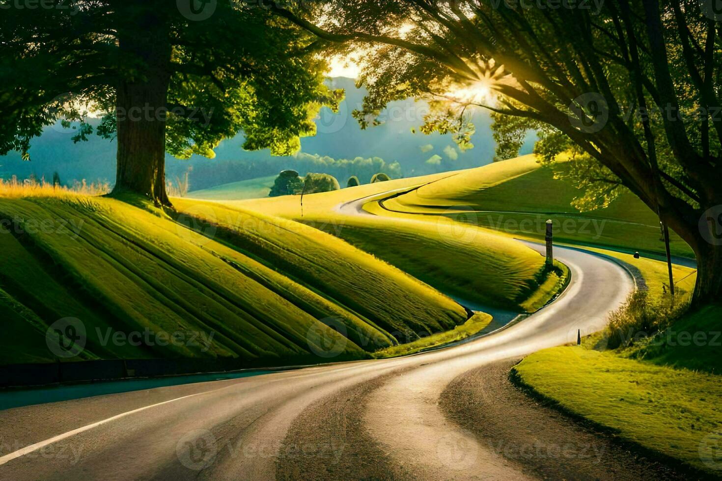 uma enrolamento estrada dentro a campo com árvores e grama. gerado por IA foto