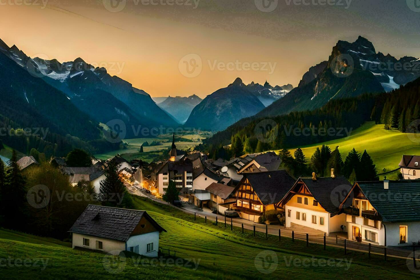 uma Cidade dentro a montanhas às pôr do sol. gerado por IA foto