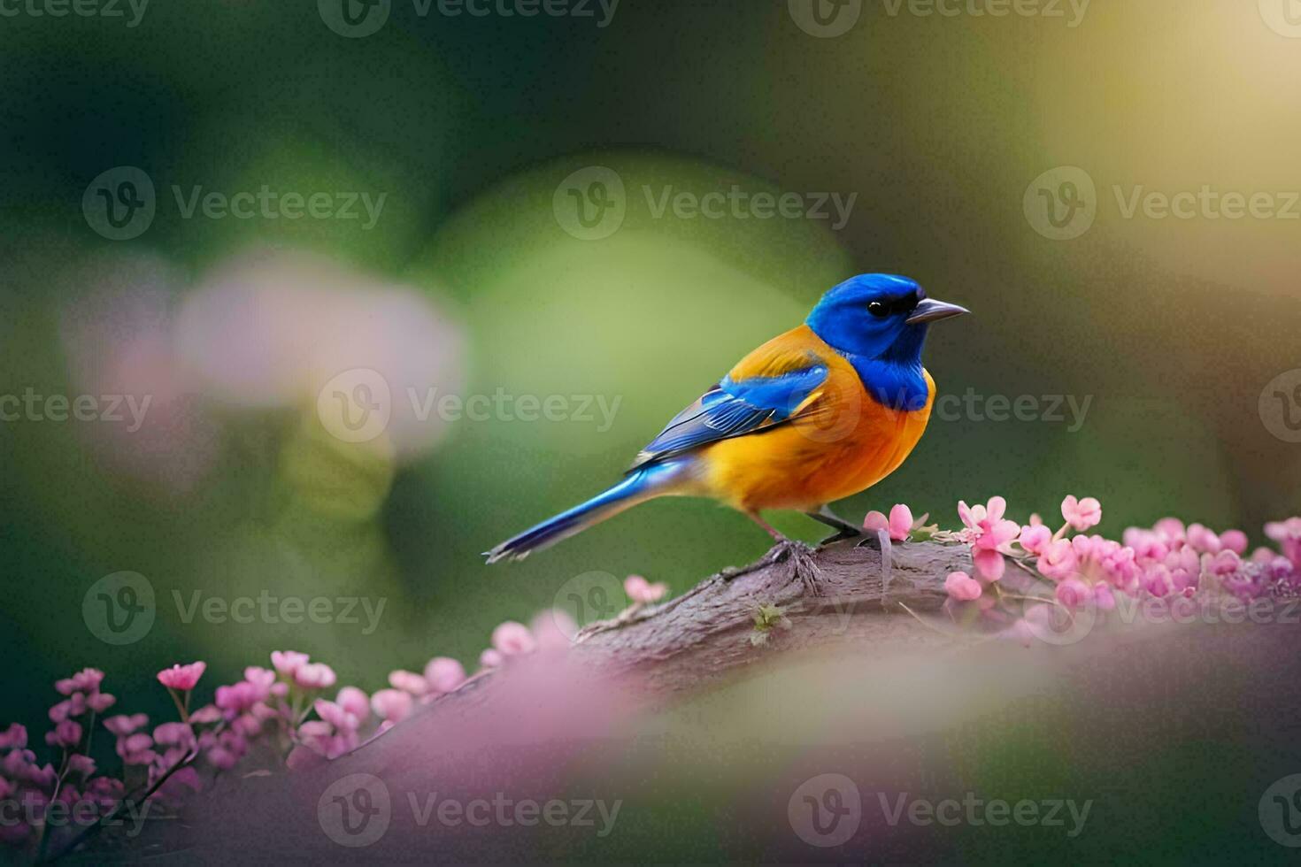 uma azul e laranja pássaro é empoleirado em uma ramo. gerado por IA foto