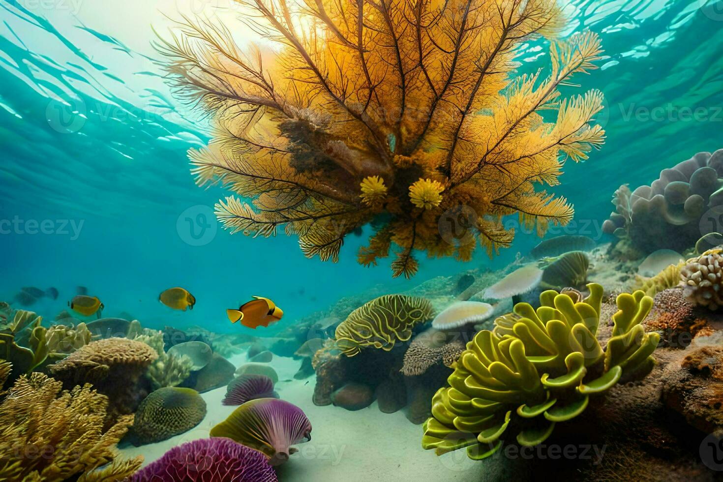 uma coral recife com muitos diferente tipos do peixe. gerado por IA foto