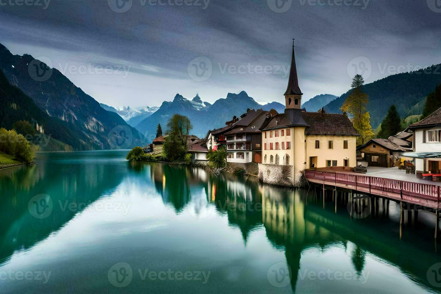 uma lago e uma Cidade dentro a montanhas. gerado por IA foto