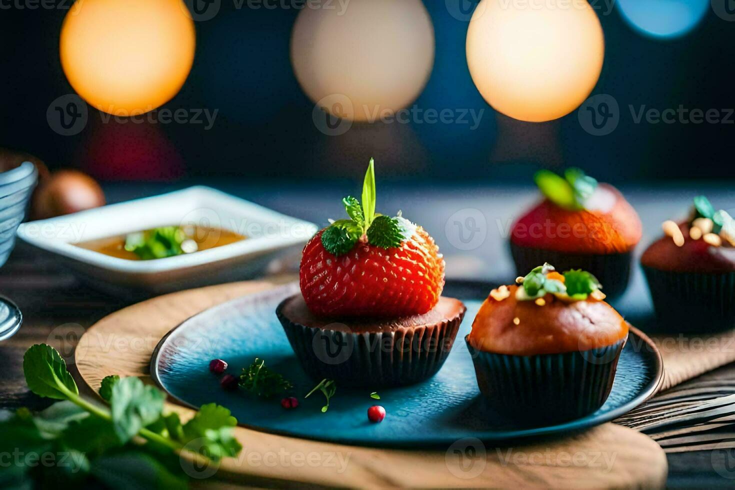 uma prato com bolos de copo e morangos em isto. gerado por IA foto