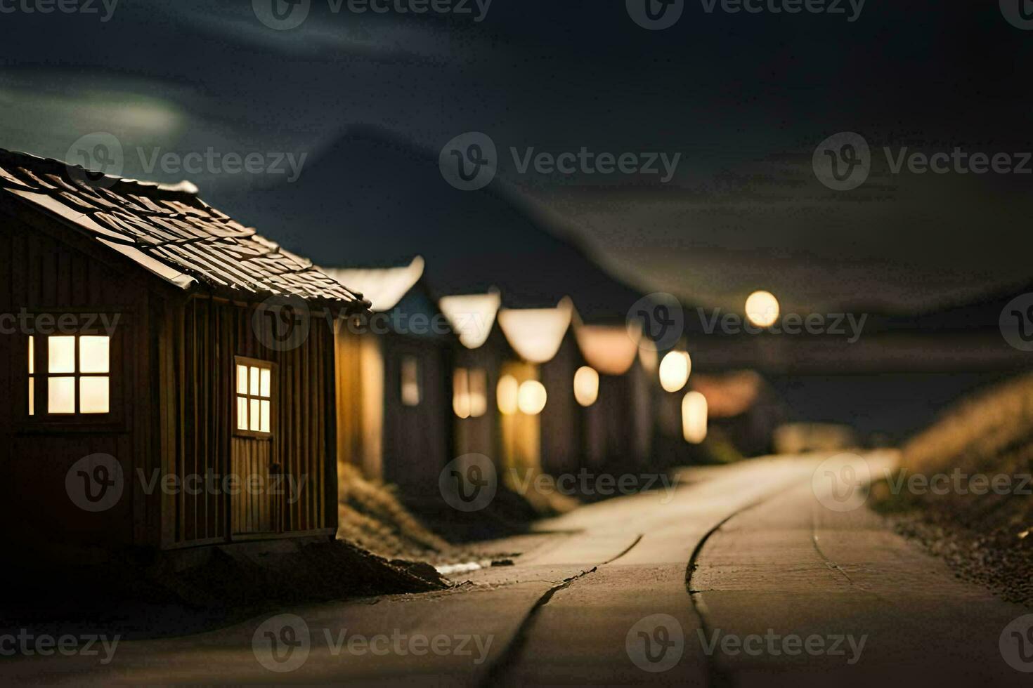 uma linha do de madeira casas em uma estrada às noite. gerado por IA foto