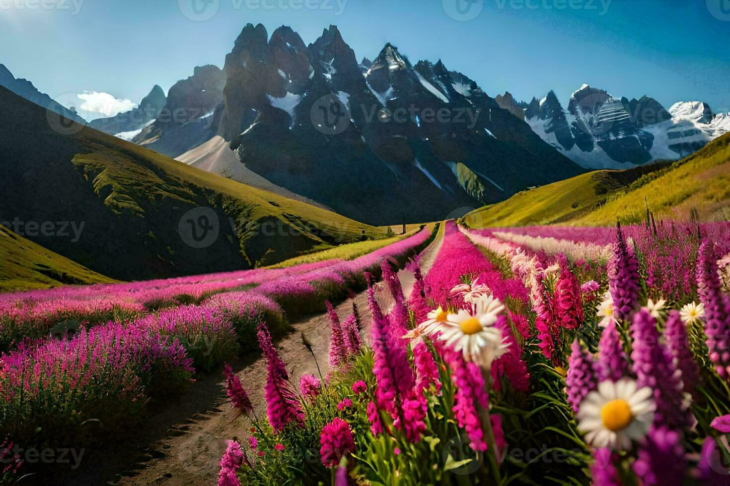 uma campo do flores silvestres e montanhas dentro a fundo. gerado por IA foto