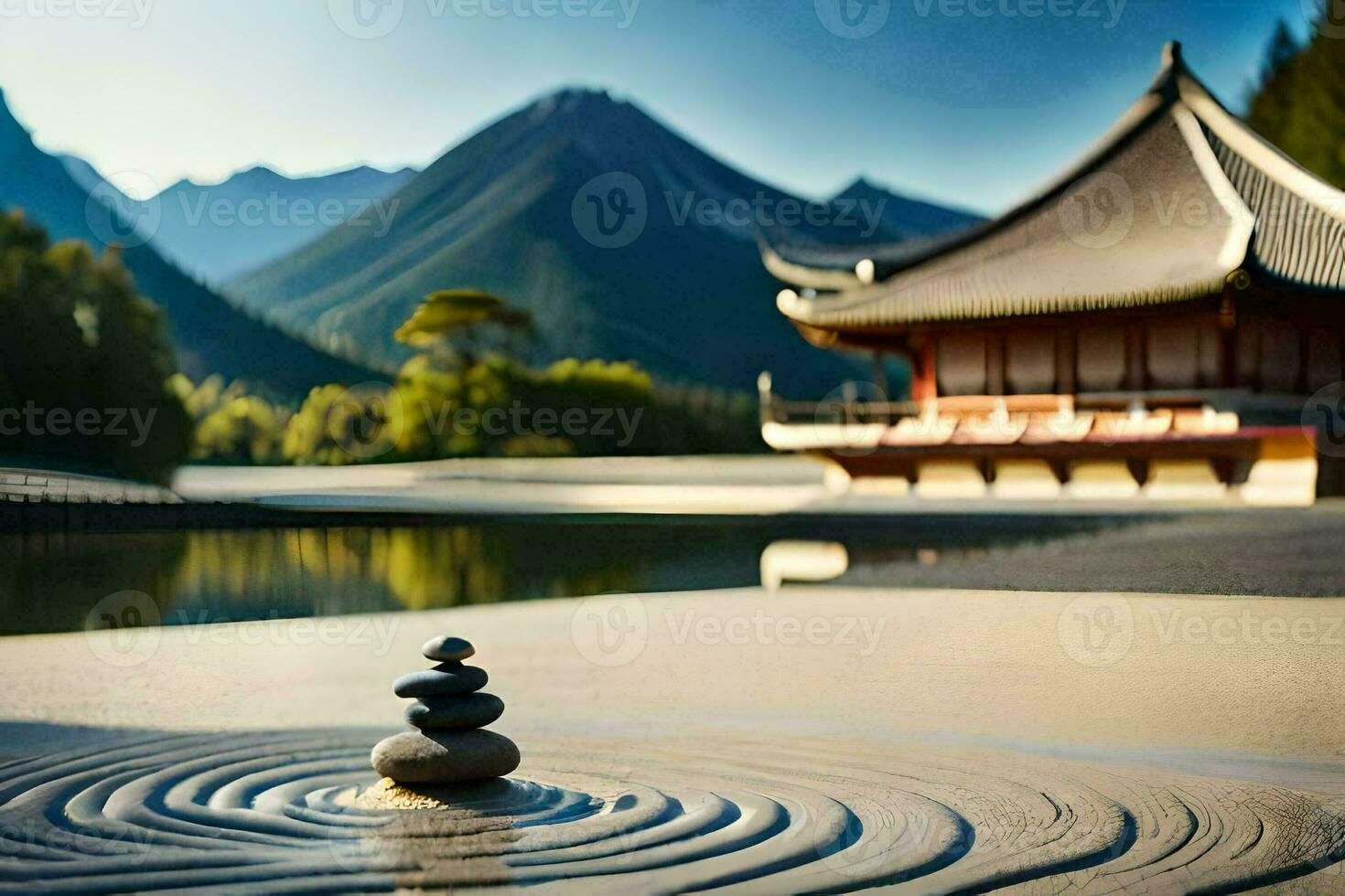 uma zen jardim dentro a montanhas. gerado por IA foto