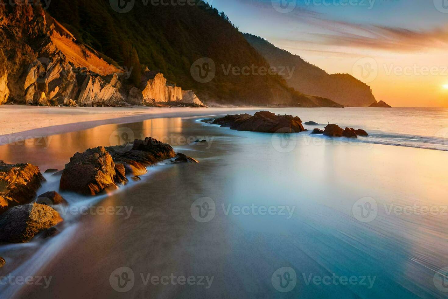 a Sol conjuntos sobre uma de praia com pedras e água. gerado por IA foto