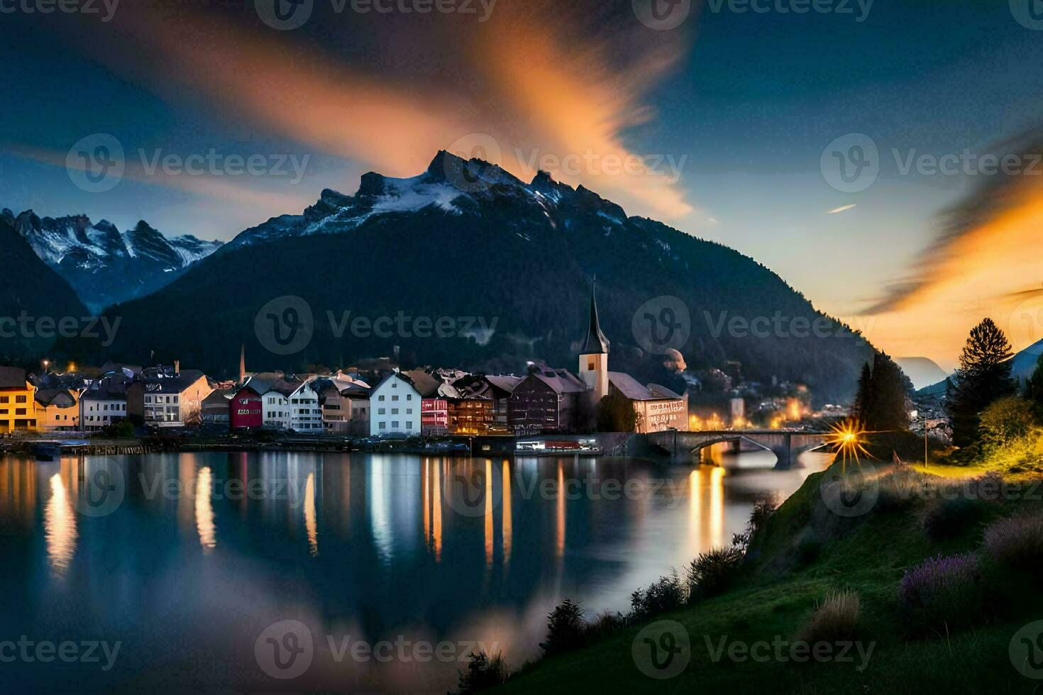 foto papel de parede a céu, montanhas, lago, cidade, rio, montanhas, lago, cidade,. gerado por IA