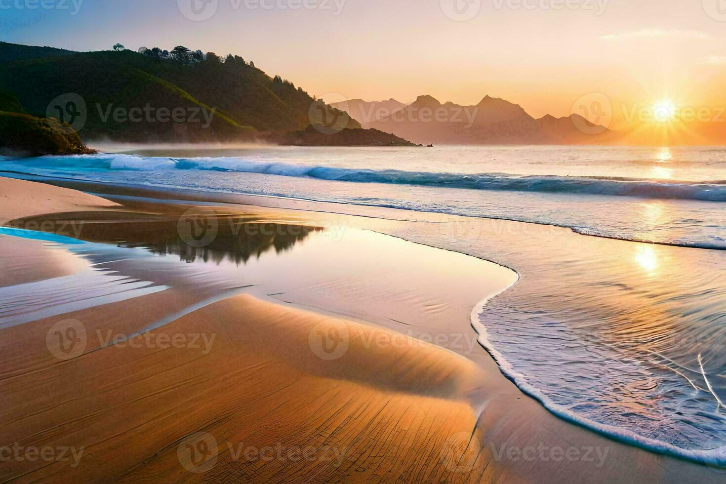 a Sol sobe sobre a oceano e ondas em a de praia. gerado por IA foto