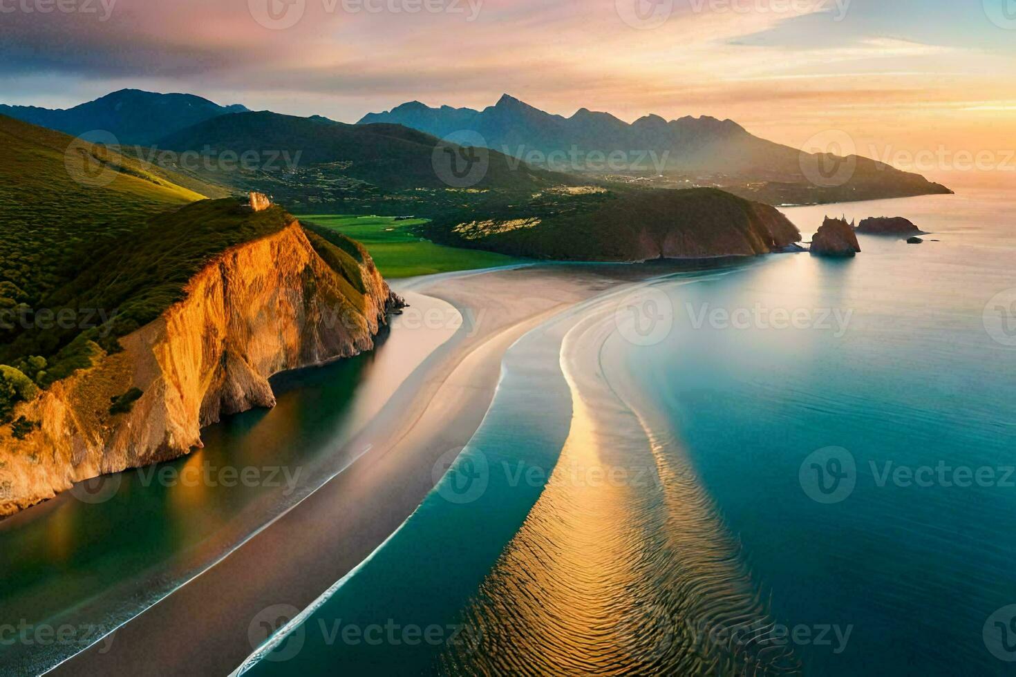 a de praia e a montanhas às pôr do sol. gerado por IA foto