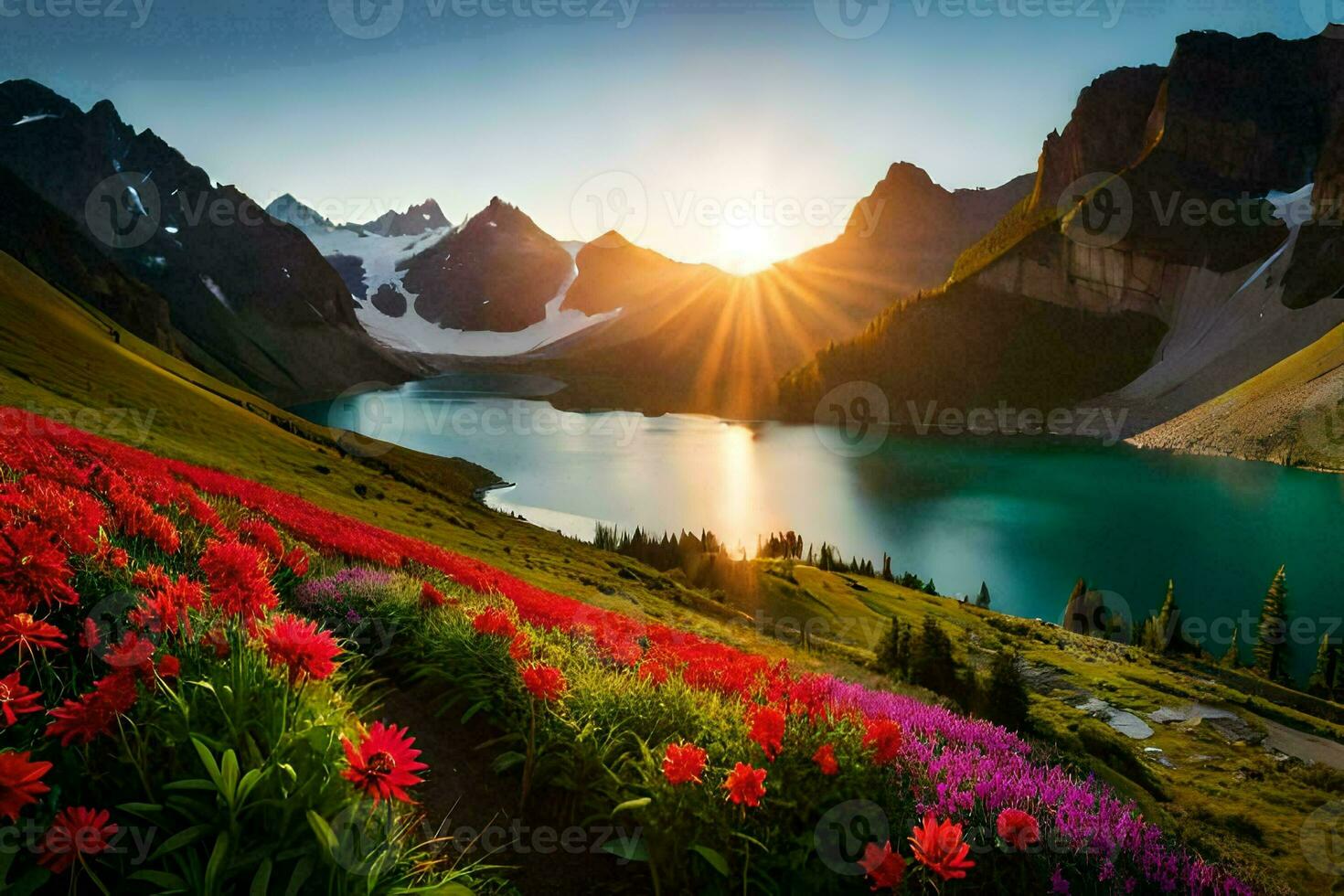 a Sol sobe sobre uma lago e flores dentro a montanhas. gerado por IA foto