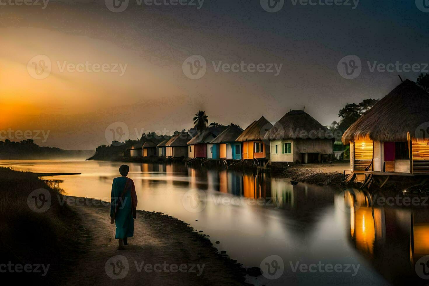 uma homem anda em ao longo a costa do uma rio às pôr do sol. gerado por IA foto