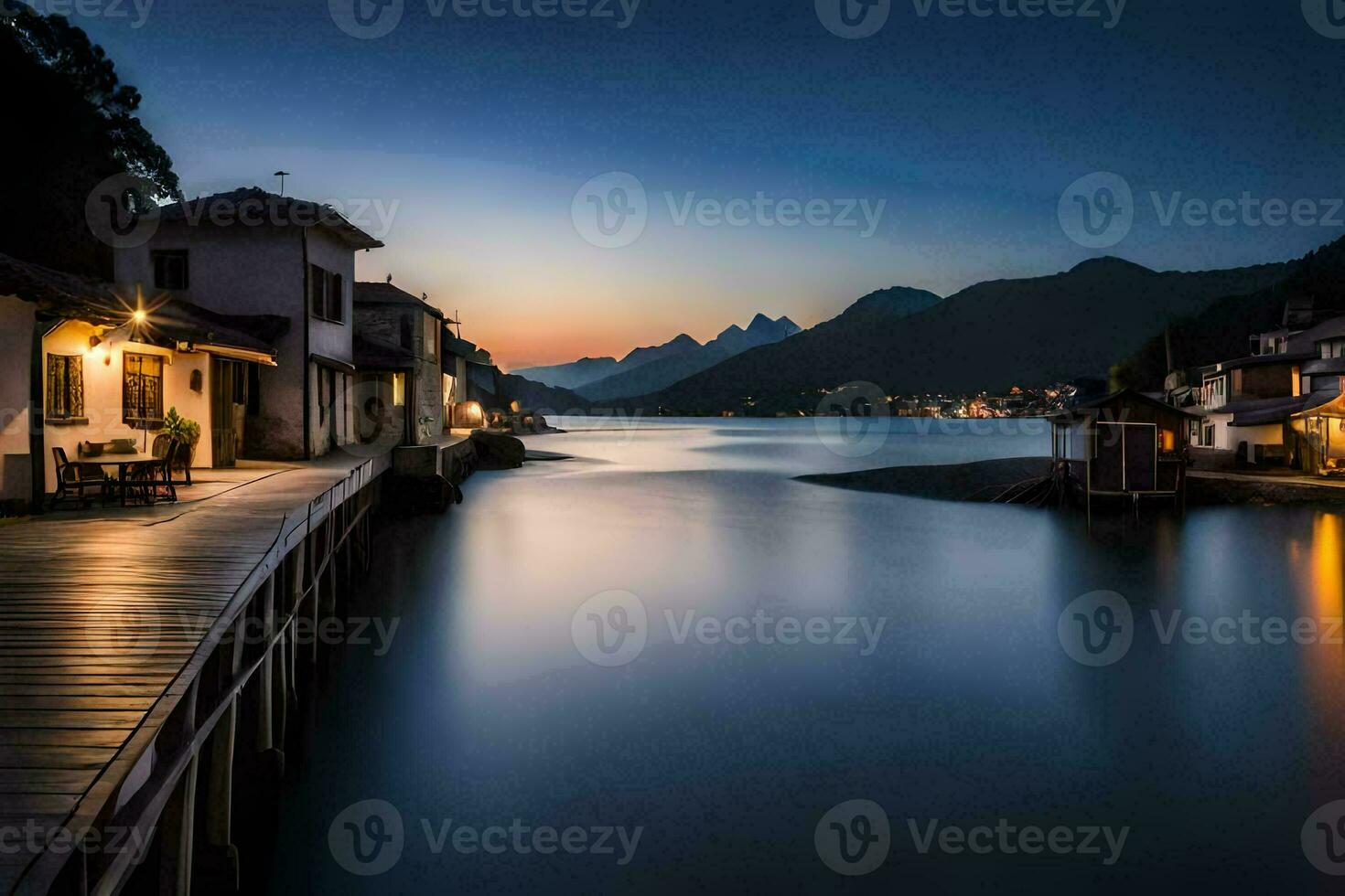 uma cais às crepúsculo com casas e montanhas dentro a fundo. gerado por IA foto