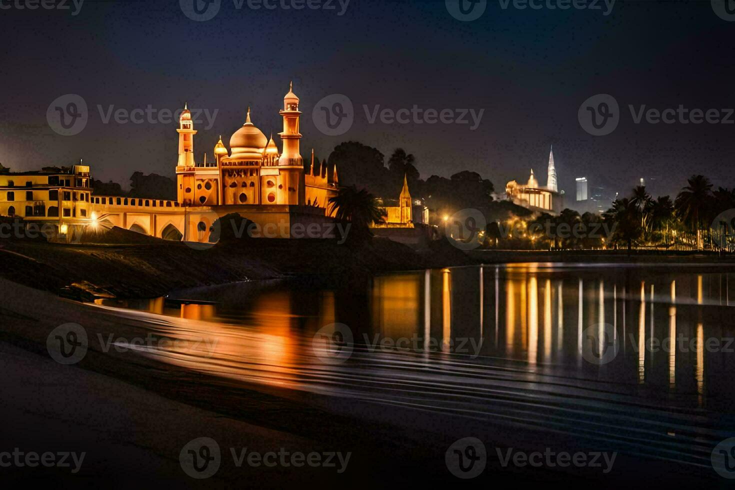 a mesquita às noite dentro a cidade. gerado por IA foto