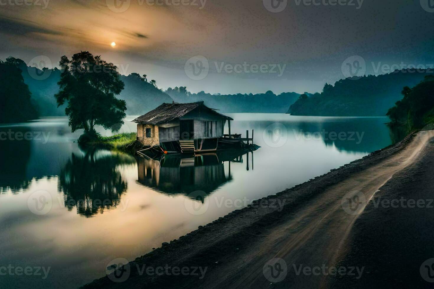 uma pequeno casa senta em a costa do uma lago. gerado por IA foto