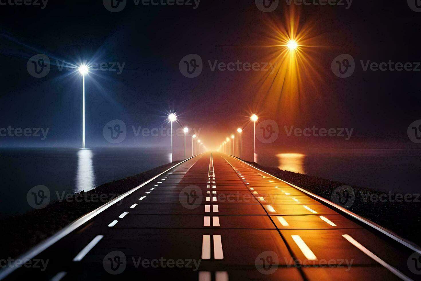 uma grandes estrada com luzes em isto às noite. gerado por IA foto