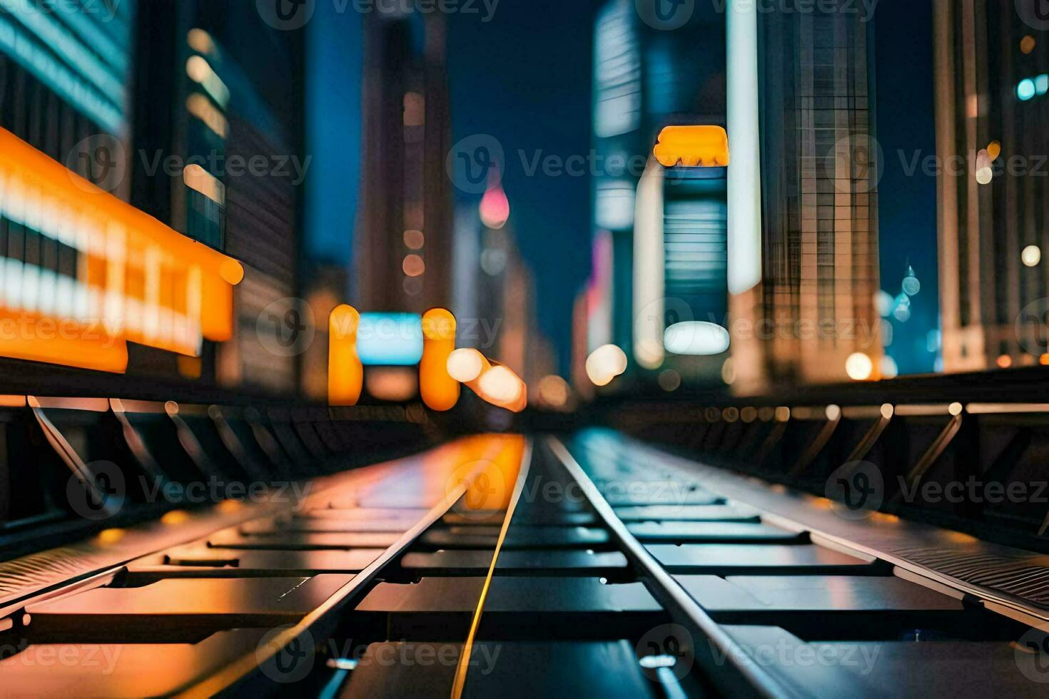 uma trem rastrear dentro a cidade às noite. gerado por IA foto