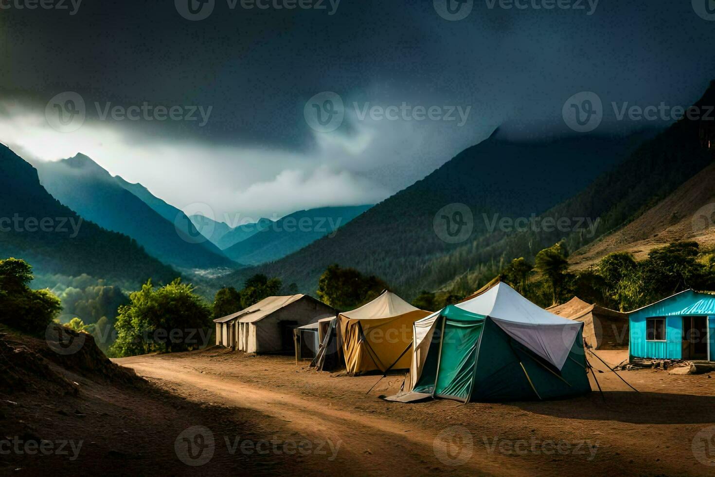 uma grupo do tendas dentro a montanhas com Sombrio nuvens. gerado por IA foto