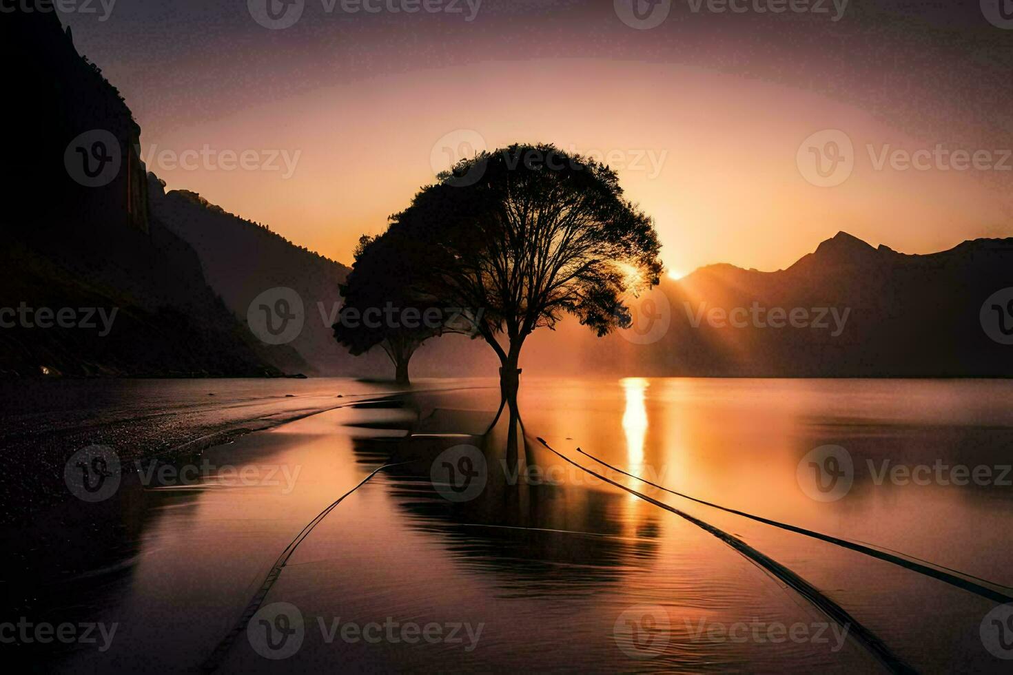 uma árvore é recortado contra a pôr do sol dentro uma lago. gerado por IA foto