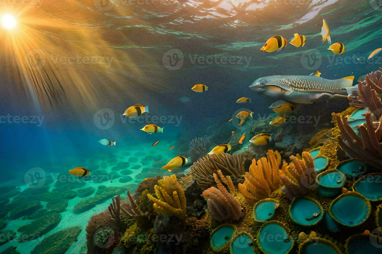 a Sol brilha sobre uma coral recife com peixe e corais. gerado por IA foto