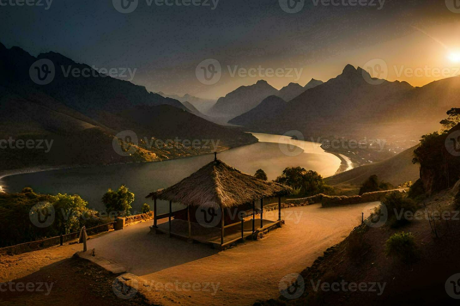 a Sol sobe sobre uma montanha alcance e uma cabana. gerado por IA foto