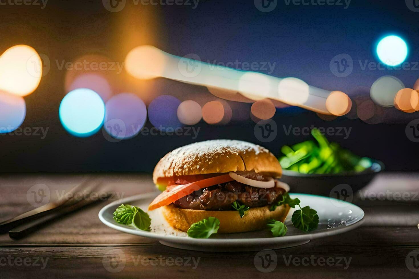 uma Hamburger em uma prato com uma embaçado fundo. gerado por IA foto
