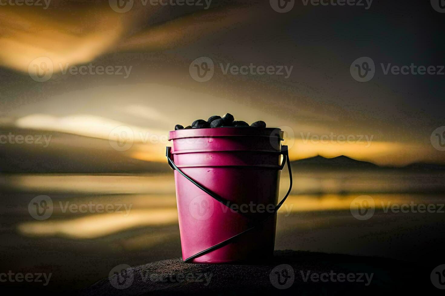 uma balde do pedras em uma Rocha dentro frente do uma pôr do sol. gerado por IA foto
