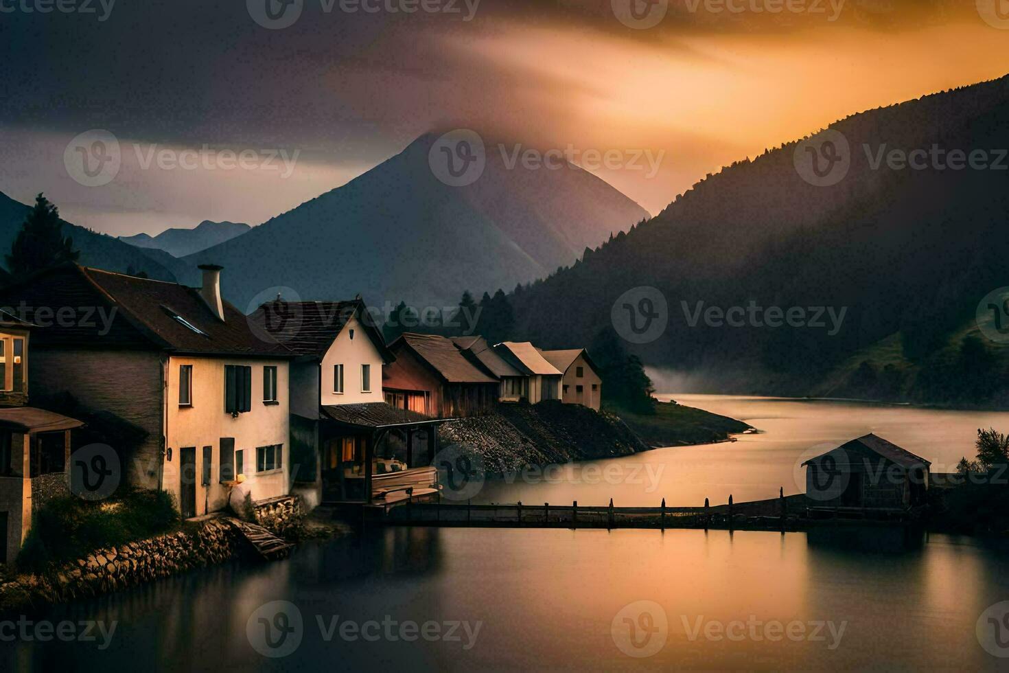 foto papel de parede a céu, montanhas, lago, casa, a montanhas, a lago, a montanhas. gerado por IA
