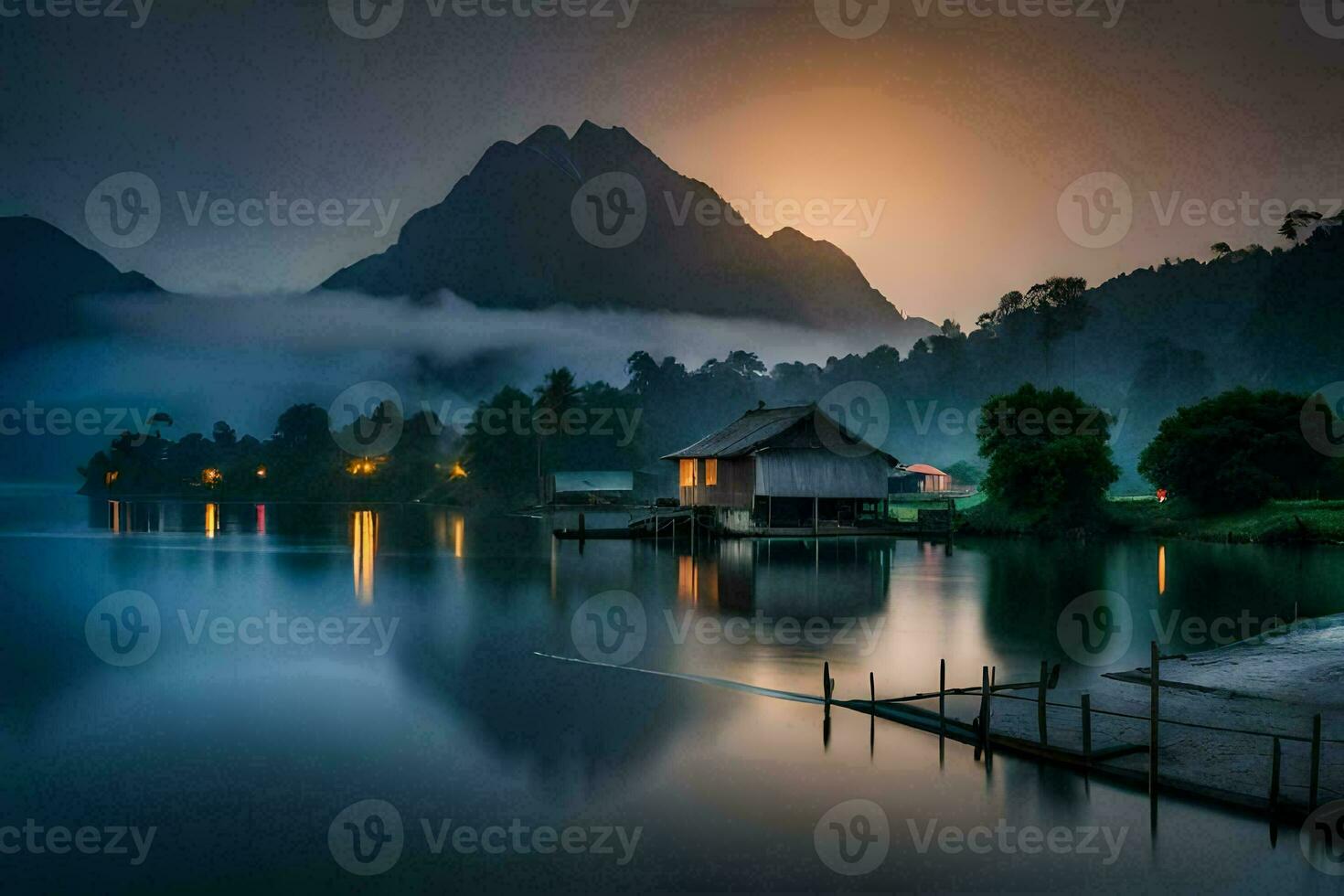 uma lago e uma casa dentro a montanhas às noite. gerado por IA foto