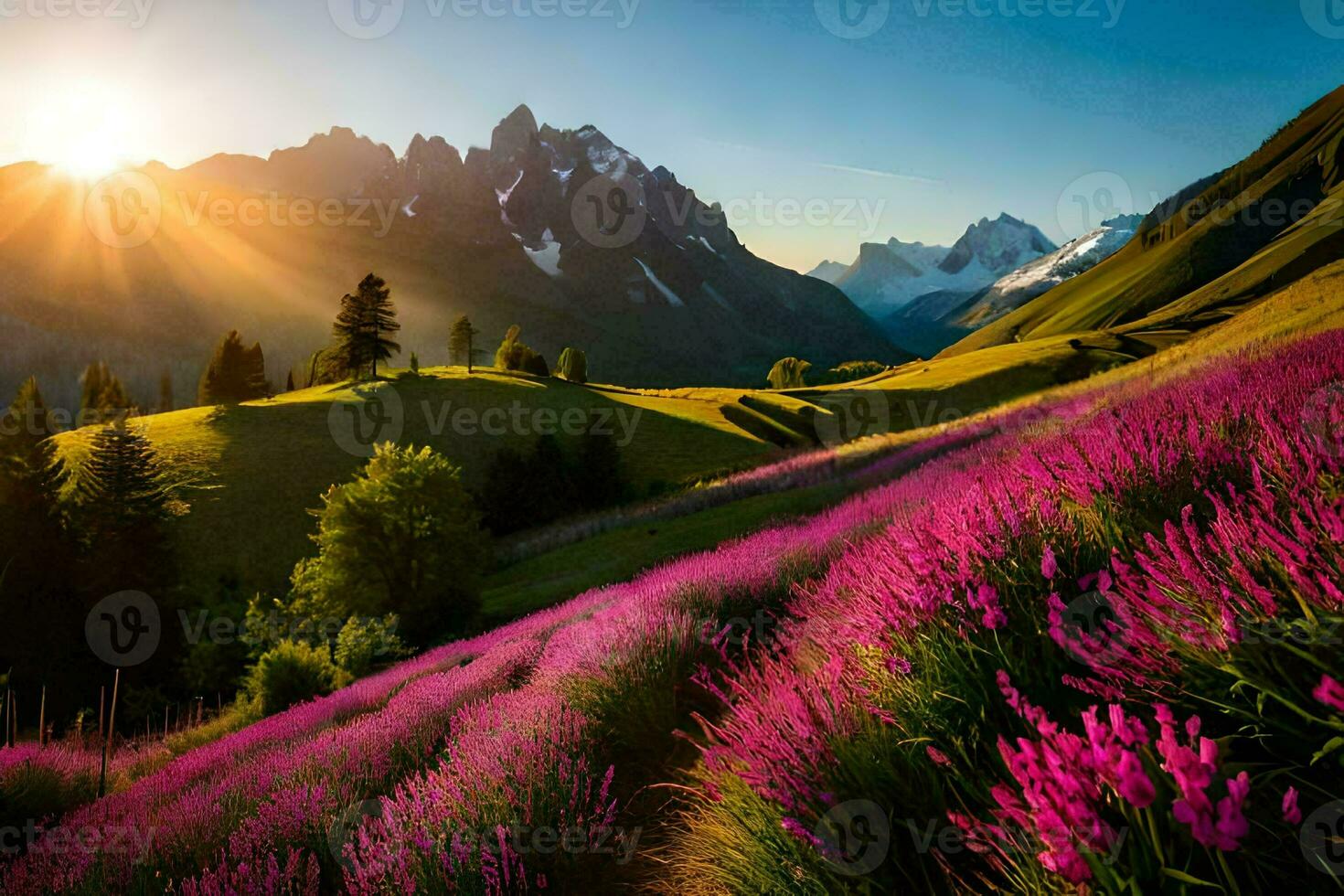 a Sol brilha sobre uma campo do roxa flores e montanhas. gerado por IA foto