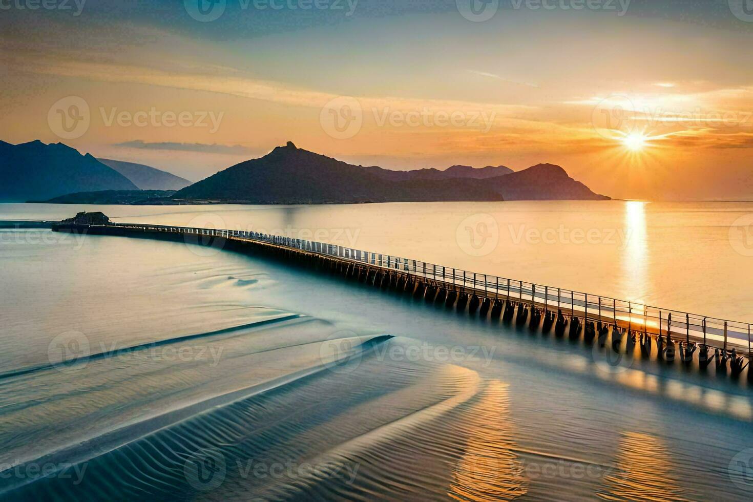 a Sol conjuntos sobre uma cais dentro a oceano. gerado por IA foto