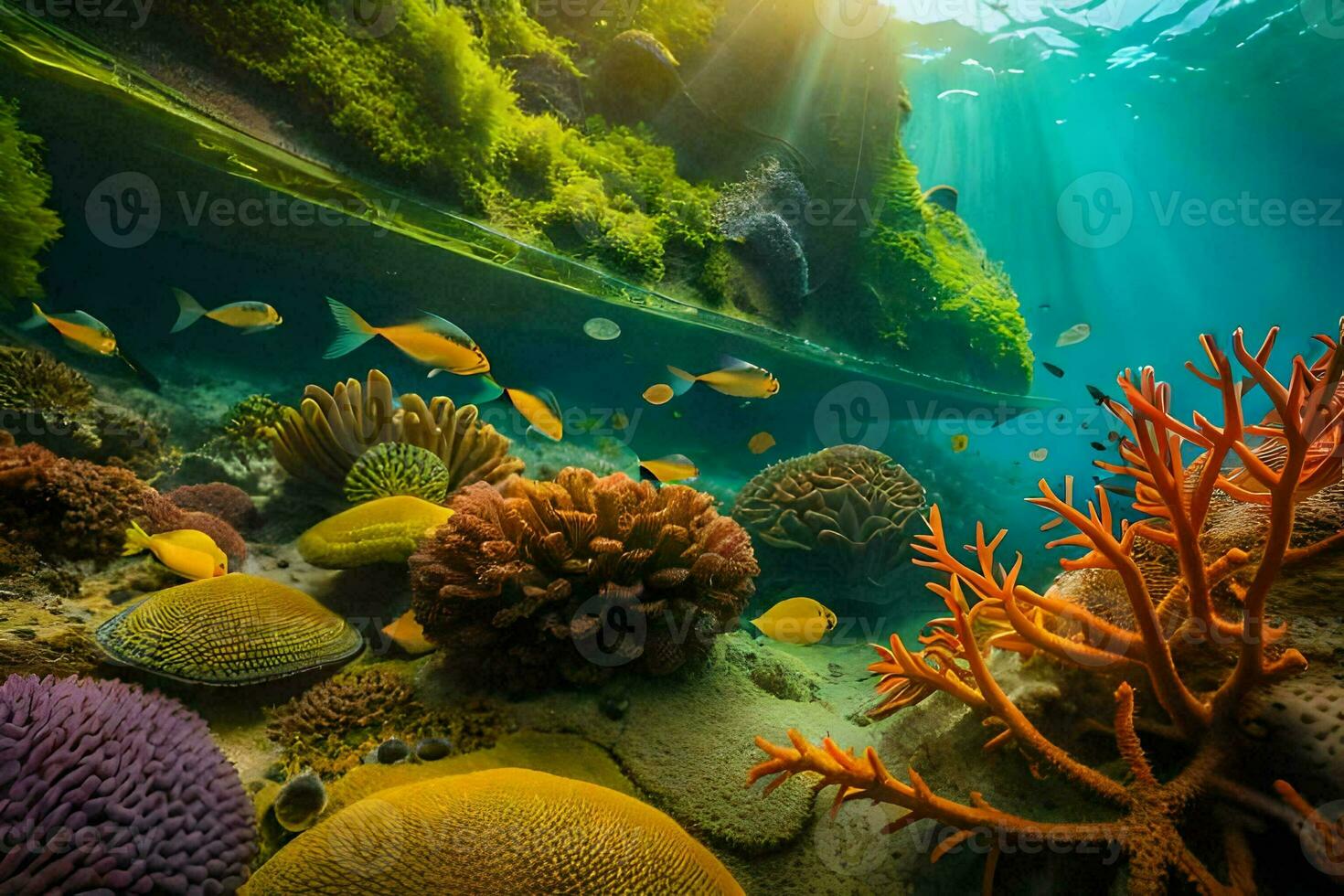 a Sol brilha sobre uma coral recife e peixe. gerado por IA foto