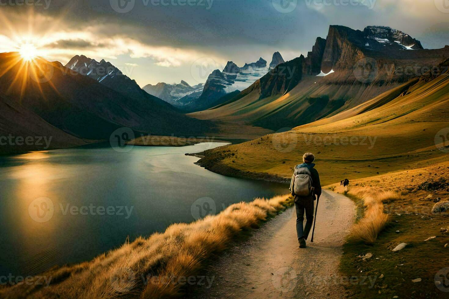 uma homem anda em ao longo uma caminho dentro a montanhas. gerado por IA foto