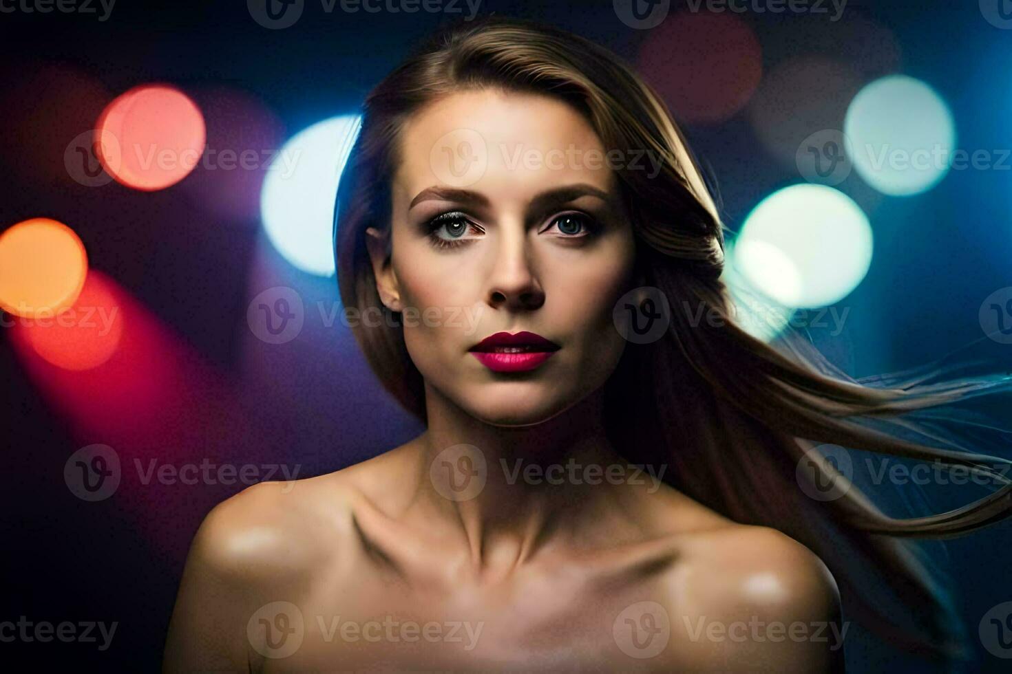 uma mulher com grandes cabelo e brilhante luzes. gerado por IA foto