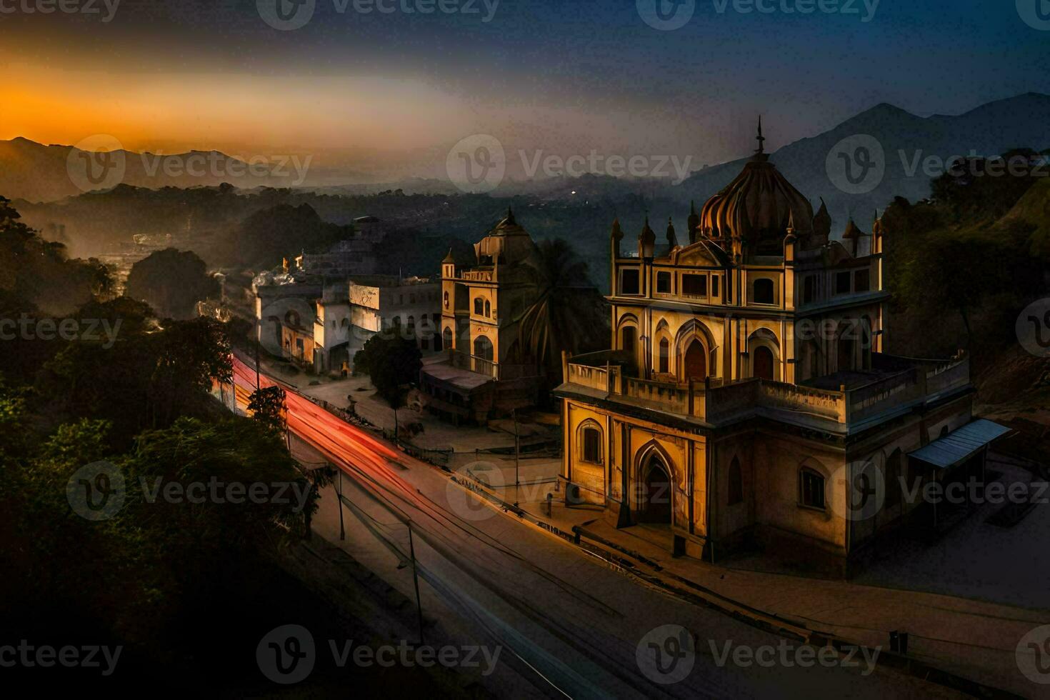 a Sol conjuntos sobre uma cidade com uma mesquita dentro a fundo. gerado por IA foto