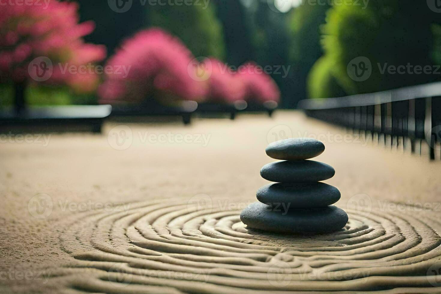 uma zen jardim com pedras e uma caminho. gerado por IA foto