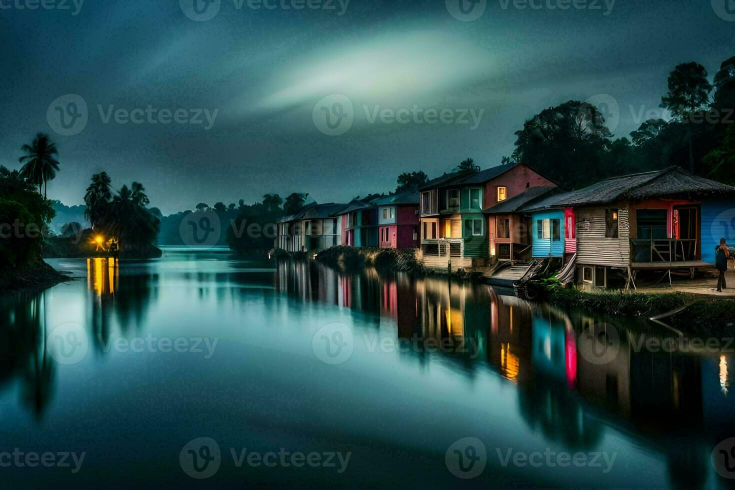 colorida casas em a rio às noite. gerado por IA foto