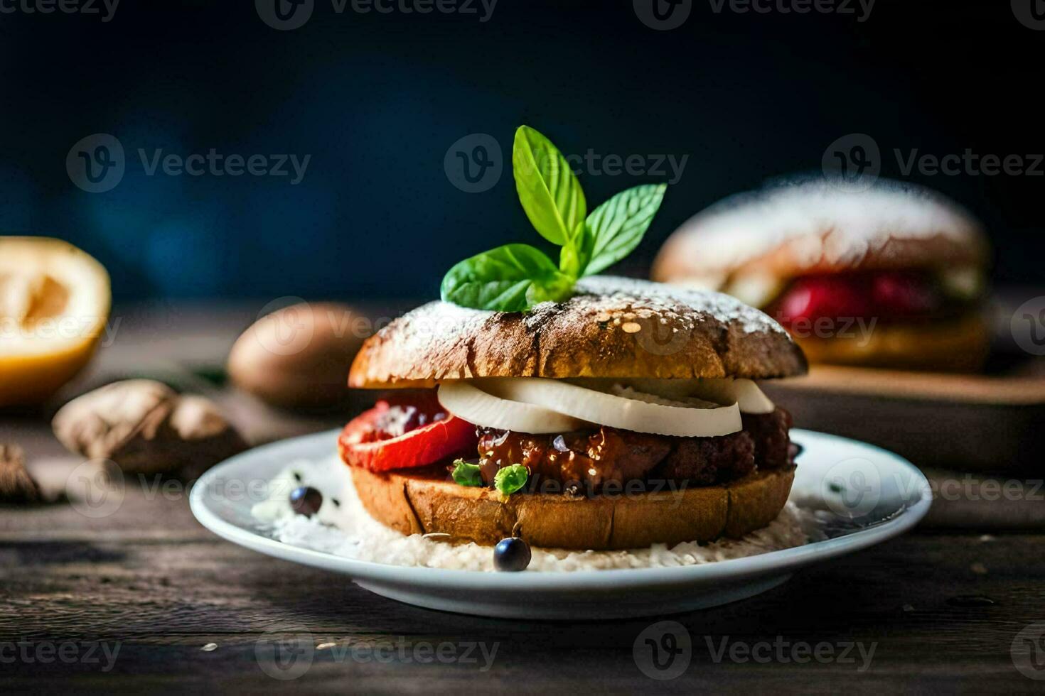 uma Hamburger com queijo, tomates e ervas em uma branco placa. gerado por IA foto