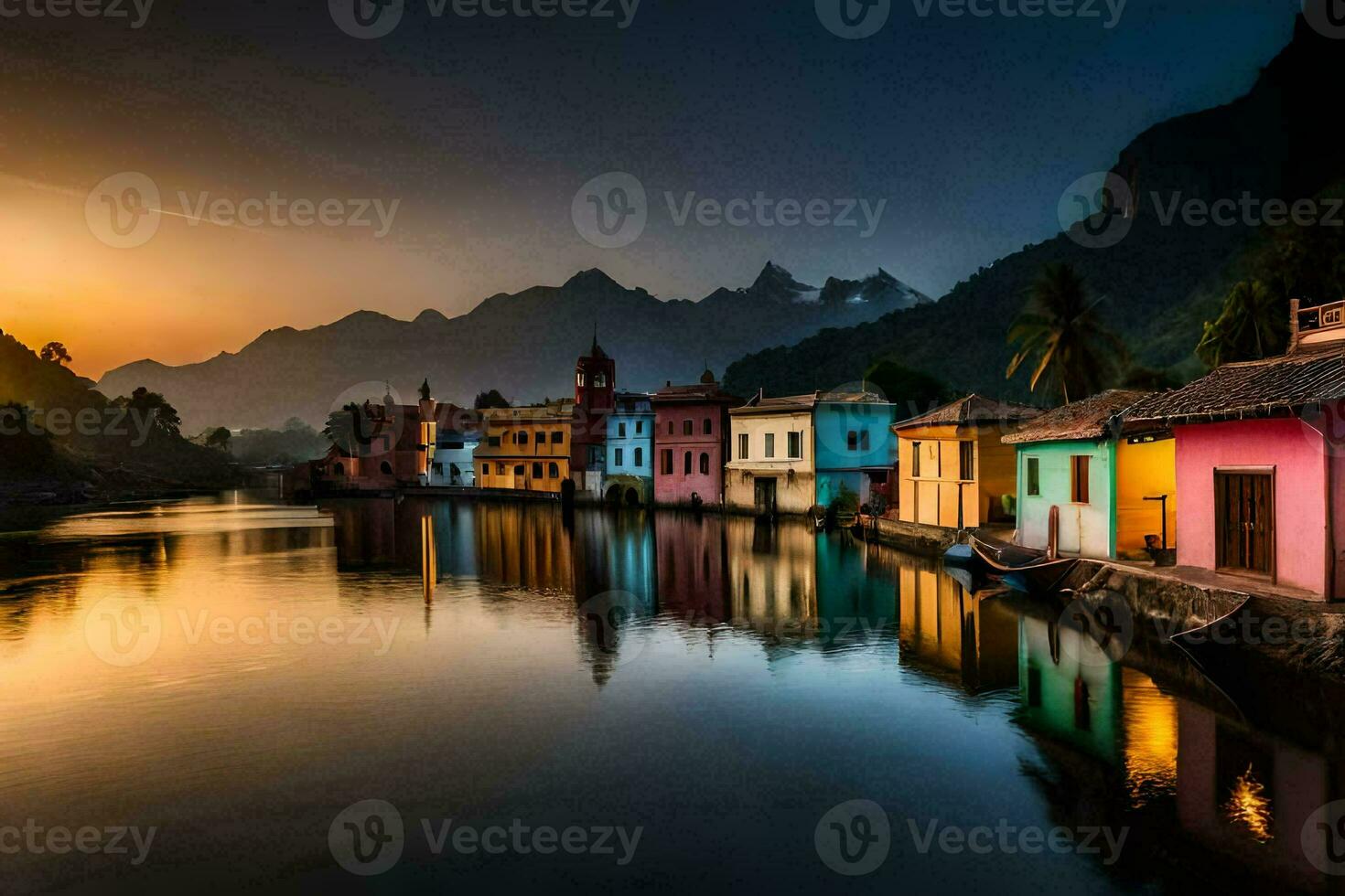 colorida casas em a água às pôr do sol. gerado por IA foto