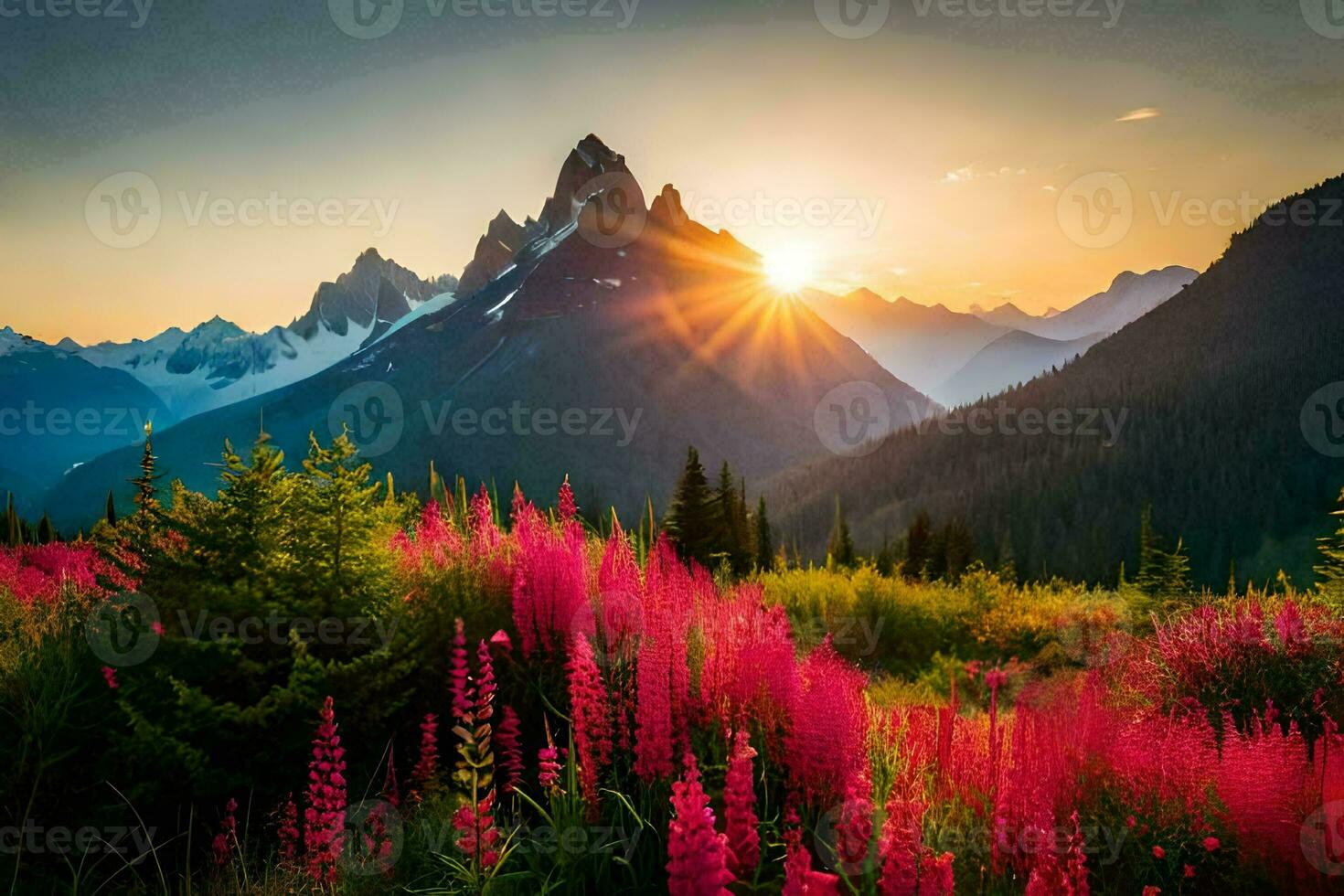 a Sol sobe sobre a montanhas e flores dentro a primeiro plano. gerado por IA foto