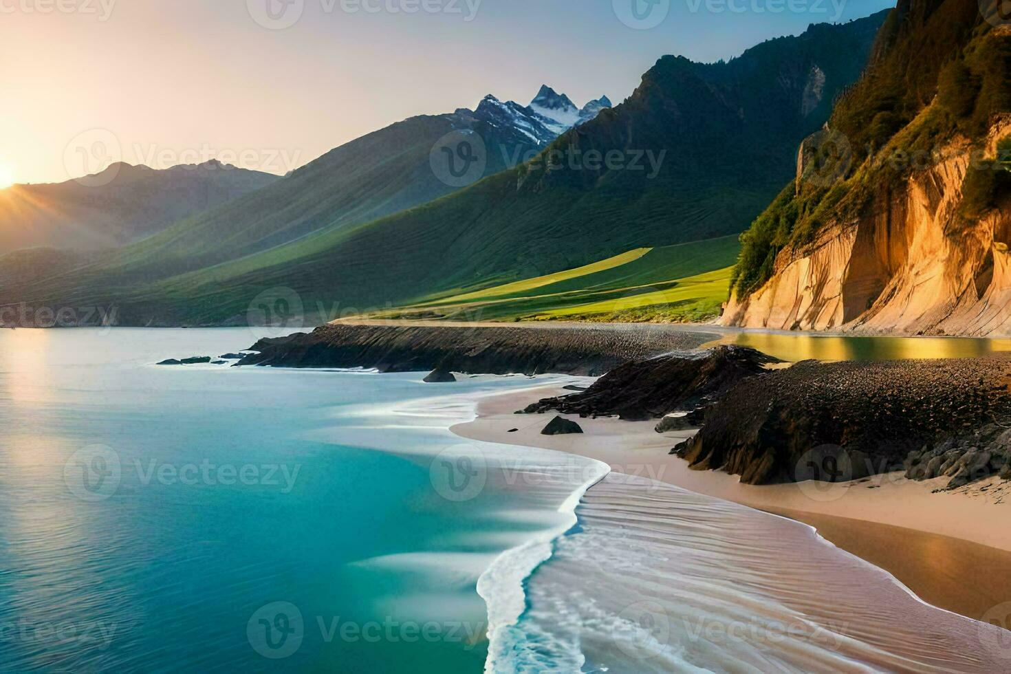 a Sol conjuntos sobre uma de praia e montanhas. gerado por IA foto