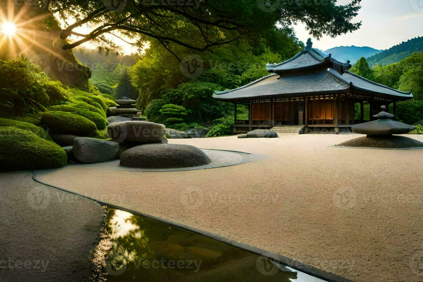 uma japonês jardim com uma pagode e pedras. gerado por IA foto
