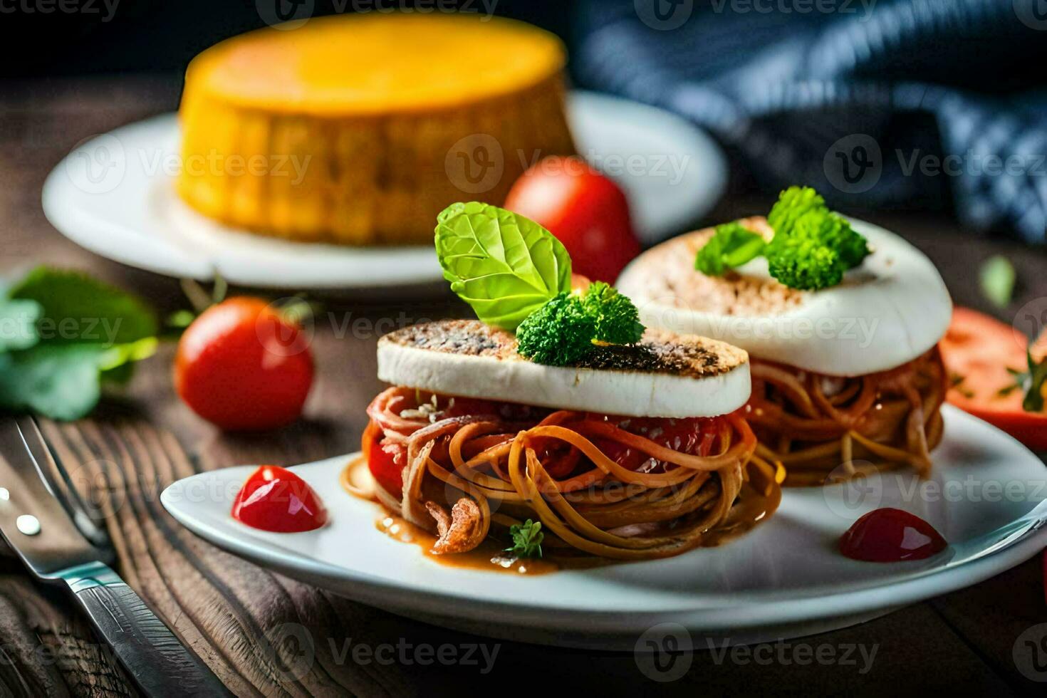 espaguete com tomate molho e mozzarella em uma placa. gerado por IA foto