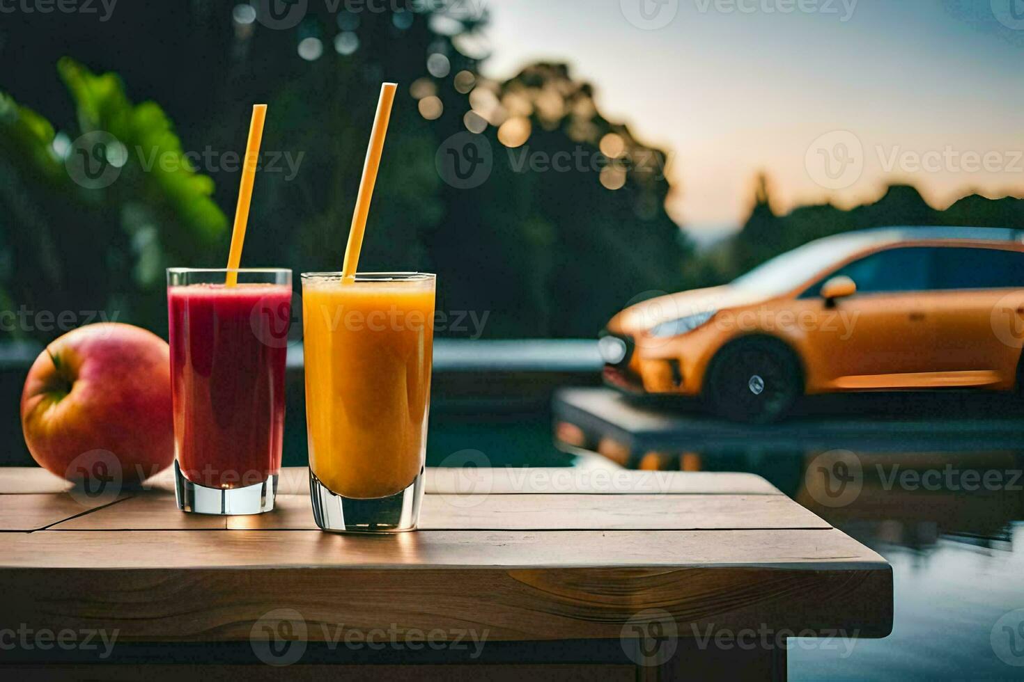 dois óculos do suco e a laranja carro. gerado por IA foto