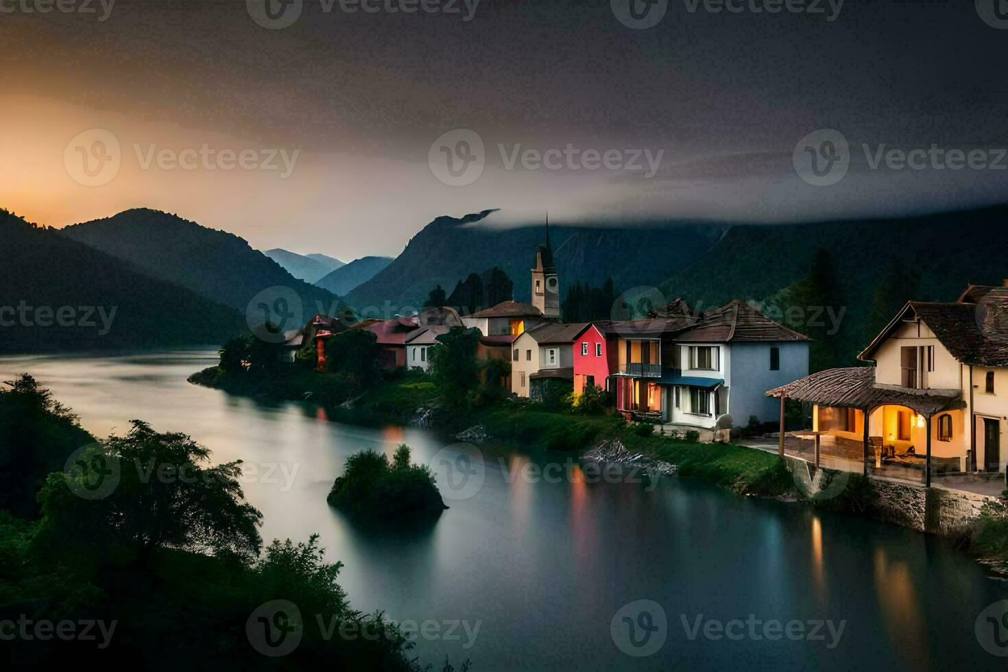 foto papel de parede a céu, montanhas, rio, casas, lago, pôr do sol, a montanhas, lago. gerado por IA